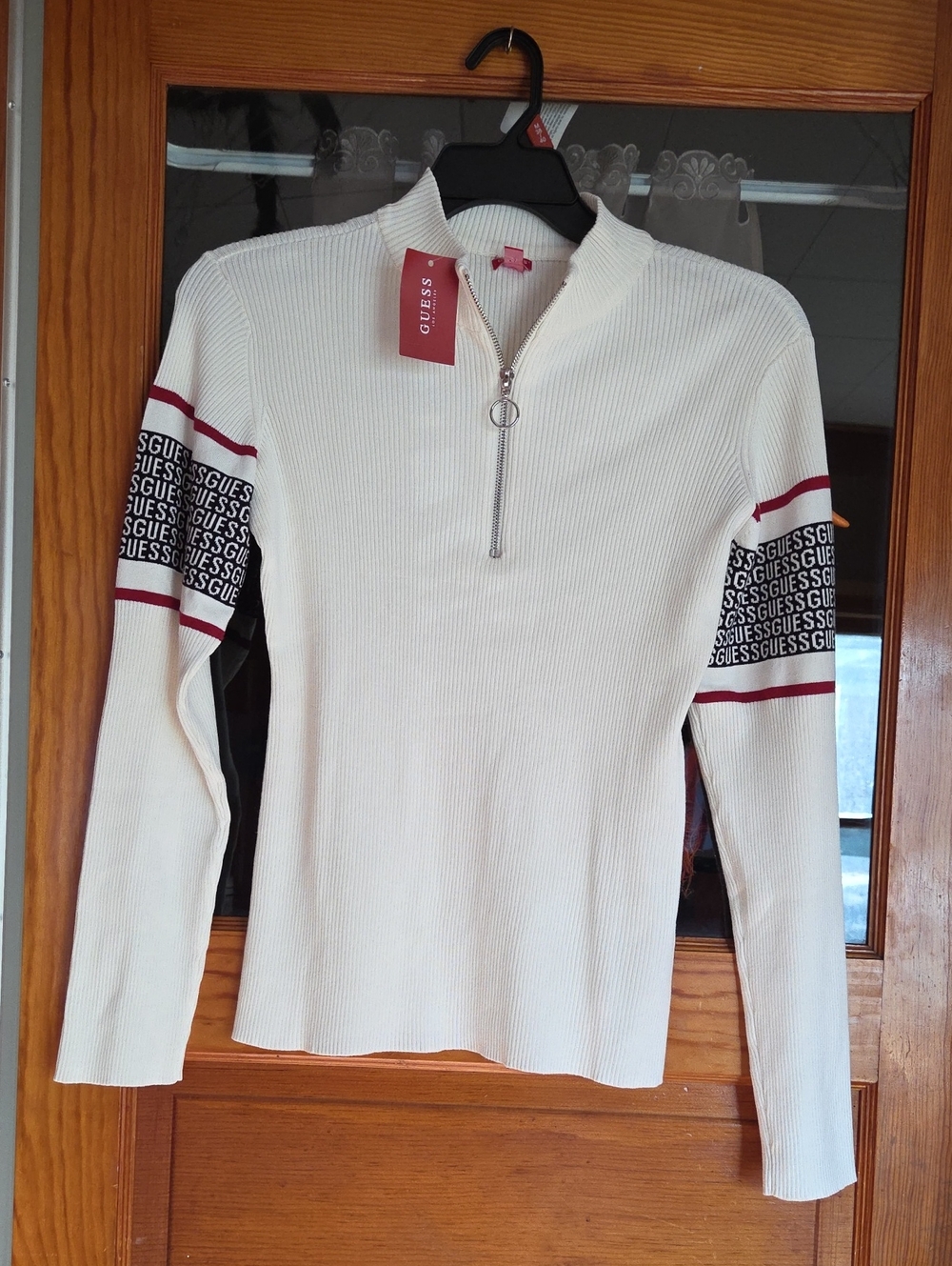 GUESS Women's Cream Half-Zip Ribbed Pullover with Logo Sleeve